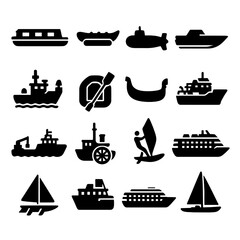 Silhouette Watercraft Icons. Solid style icons of watercraft silhouette: narrowboat, inflatable banana raft, military submarine
