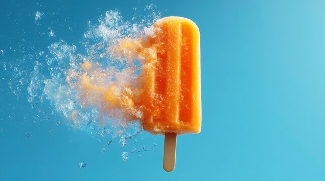Un helado de naranja de hielo derriti&eacute;ndose sobre fondo azul