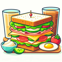 Towering sandwich with drinks sauces egg tomato on a wooden board