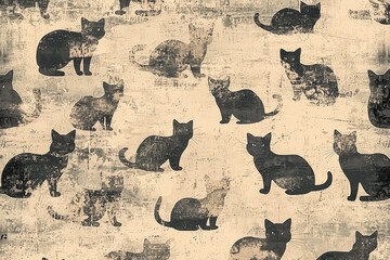Retro-style art design pattern of layered low-contrast textures, subtly displaying countless small cats in faded detailed accents