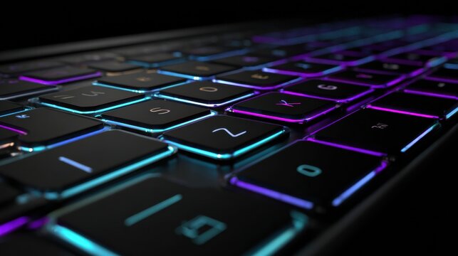 Futuristic Neon Keyboard With Glowing Fingerprint Scanner Illuminated in a Dark Setting
