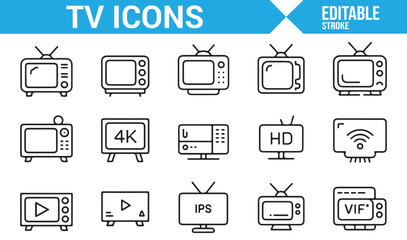 Set of Clean TV Icons Including Remote, WiFi, 4K, and HD Display