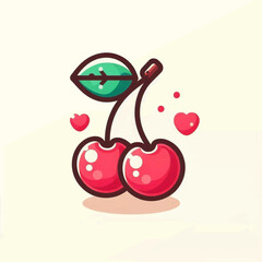 Two cartoon cherries with a leaf connected by stems floating above a soft shadow Hearts and dots surround