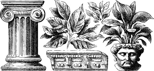 Fototapeta premium Historical artwork of engraved pillar fragment and stylized foliage for design use