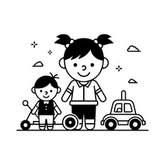 Two children beside a car and scooter stand on a flat surface