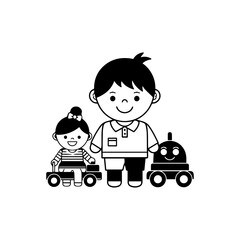 Two children one in a toy car stand next to a boy and a toy robot