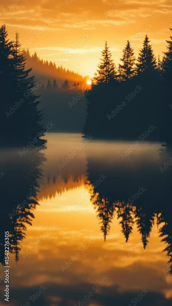 Poster a serene scene of the sun setting over a lake, surrounded by trees