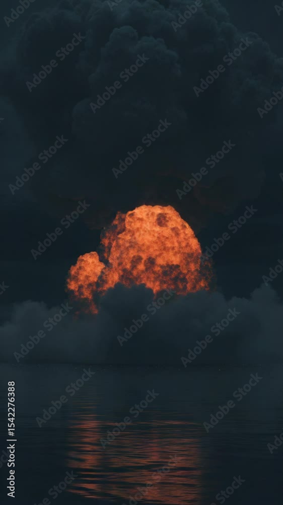 Poster a large cloud of smoke rises from the surface of calm water, suitable for use in environmental or in