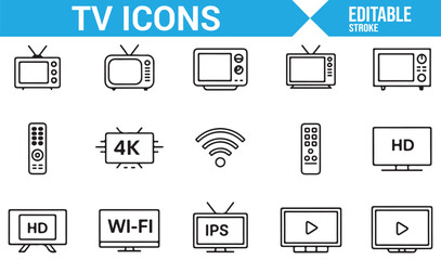 Collection of Television Icons: 4K, HD, WiFi, and Remote Control Designs