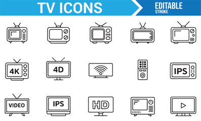 Set of Interactive TV Icons for Media: 4K, HD, Remote Controls, and WiFi