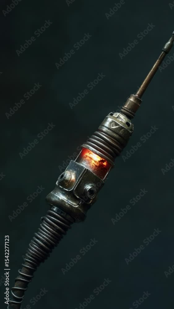 Poster A close-up view of a metal object with a red light shining on it, suitable for use in technology or industrial contexts