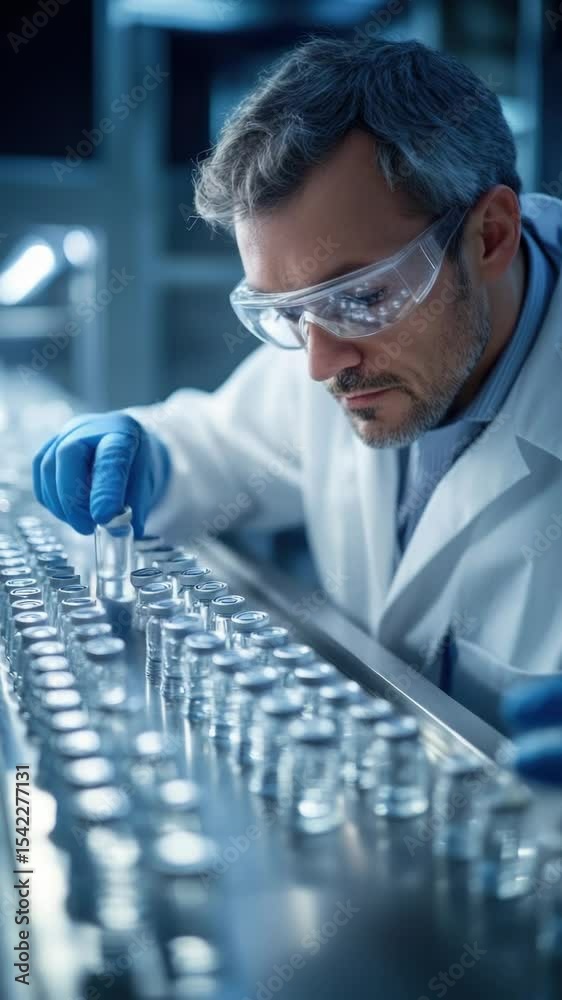 Poster A scientist works on a machine wearing a lab coat and goggles, providing a detailed view of the process