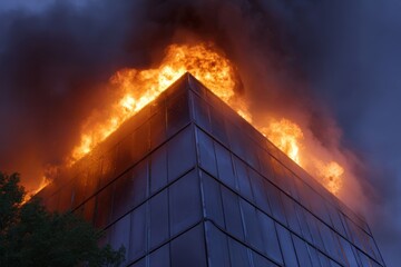 Modern building engulfed in flames during a simulated fire drill, emergency response in action