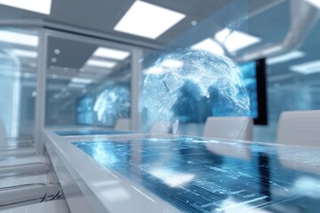 Futuristic technology workspace showing digital maps and data holograms floating in the air