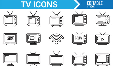 Set of Clean Icons for Televisions, Remote Controls, and WiFi Connectivity