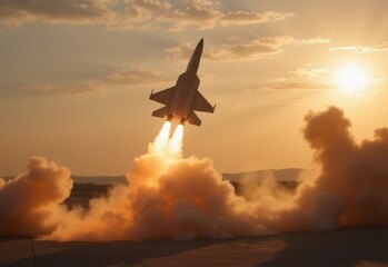 Military jet launches at sunset, showcasing powerful rocket propulsion in a dramatic sky