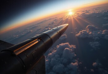 Missile soaring above clouds captures stunning sunset view from high altitude