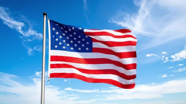 American flag waving in the wind against a bright blue sky with scattered clouds.