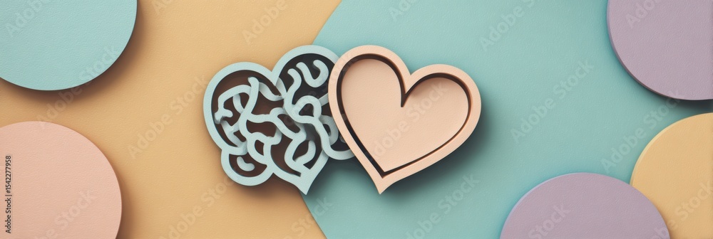 Poster Overlapping Symbols of Mind and Heart on a Pastel Background Illustrating the Connection Between Emotion and Intellect
