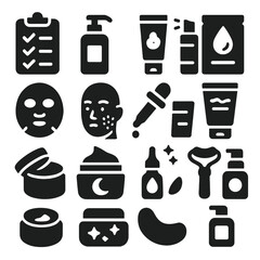 Facial Skincare Icons. Solid style icons of facial skincare routine: facial routine checklist, cleansing milk bottle, foaming
