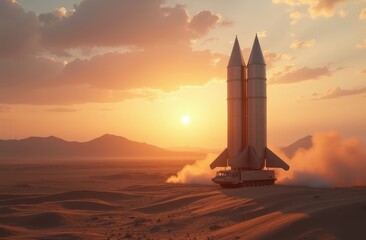 Launch of a space rocket at sunset in a desert environment with dramatic clouds and lighting