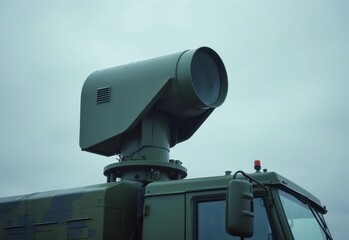 Military radar system mounted on a tactical vehicle for surveillance in overcast skies