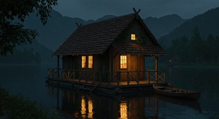 Tranquil cabin afloat a misty lake
