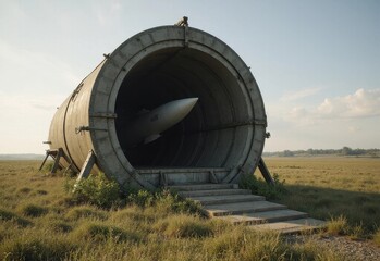 Missile in underground launch tube at military installation during daylight in open field