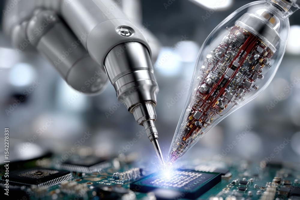 Poster advanced robotic arm assembling microchips in a high-tech electronics lab