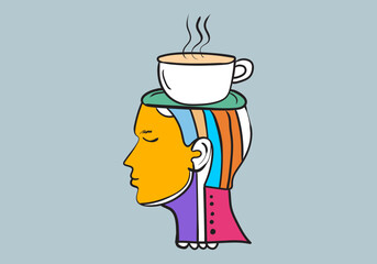 Abstract human head in profile with a steaming coffee cup atop.