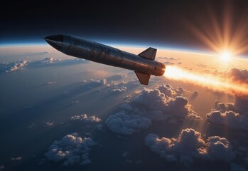 Rocket launches into space at dawn, cutting through clouds with fiery thrust in a mesmerizing cosmic display