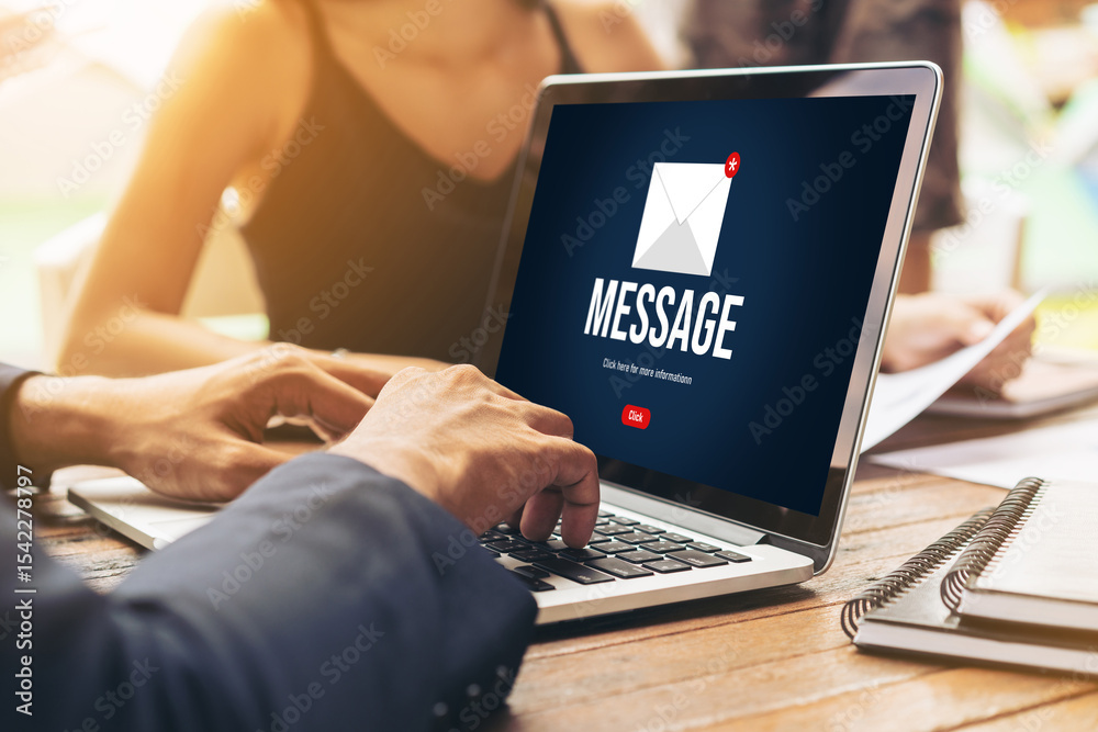 Poster email notification message showing on computer screen snugly. digital marketing message information 