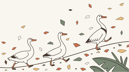 Three white geese walking in a row with falling colorful geometric shapes and green leaves on the bottom