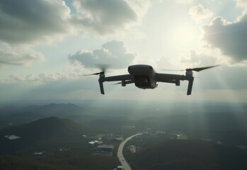 Drone captures stunning aerial view of landscape during golden hour in a mountainous region