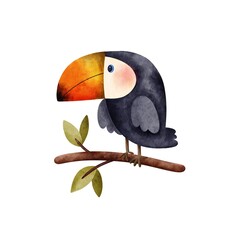 Watercolor illustration of a colorful toucan bird sitting on a tree branch. Tropical rainforest animal from South America. Exotic bird perfect for nature, jungle, or wildlife-themed design.