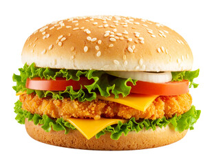 Crispy Chicken Burger with Lettuce and Cheese, isolated on transparent background