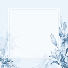 Monochromatic blue watercolor lilies and leaves in a square format. Features a dimensional center panel with soft floral elements Ethereal, cool-toned abstract botanical art for modern design projects