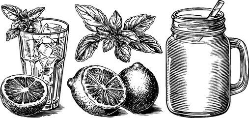 Refreshing lemonade and iced tea set with mint leaves and lemons for beverage design