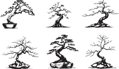 Fototapeta premium Decorative Bonsai Set. Hand drawn vector illustration