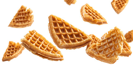 Belgian waffles and waffle pieces levitating in the air, isolated on a white background