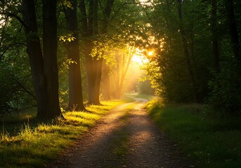 Fototapeta premium Serene Sunrise in Lush Green Forest with Sun Rays Illuminating Winding Dirt Path and Tranquil Natural Landscape, Peaceful Woodland Trail Morning Light