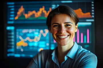 A data analyst showcases confidence while smiling at the camera. Behind them, colorful charts and graphs display valuable insights in a modern office setting
