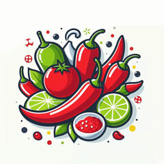 Vibrant still life red chili peppers green limes tomato bowl with red condiment Bold outlines bright colors
