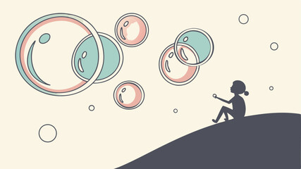 A child sits on a hill blowing bubbles that float in the air with pink and blue outlines in the daylight