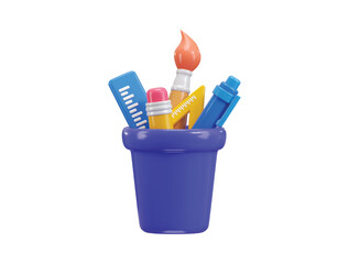 Stationery icon 3d render concept of Stationery pencils container with office supplies pencil, brush, pen, scale for education desk items vector illustration