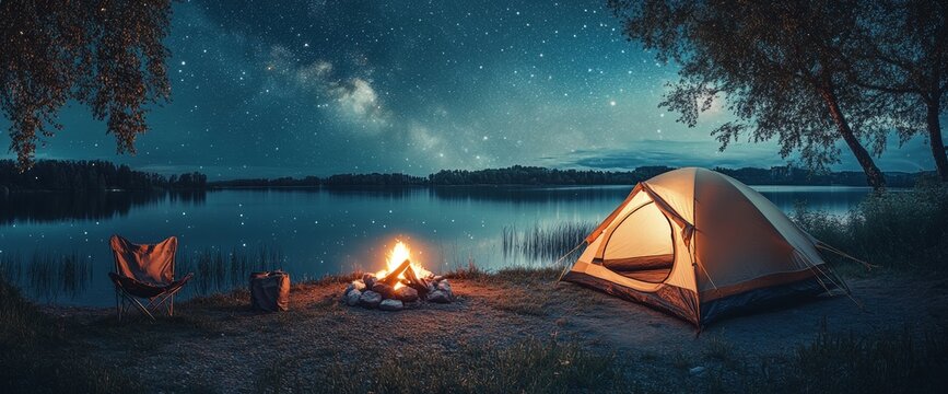 Nestled by a tranquil lake, a tent stands alongside a crackling campfire as stars illuminate the night sky. Perfect for a peaceful camping getaway amidst nature