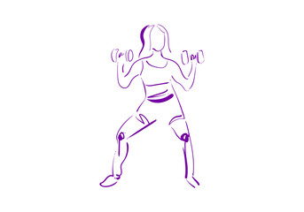 A minimalist purple line art illustration of a woman lifting dumbbells