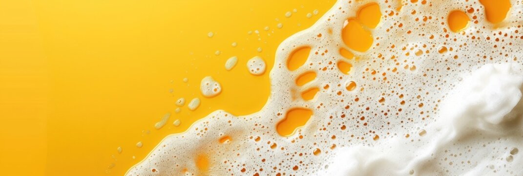 close-up, lush white detergent foam, top view, horizontal banner for a cleaning company or laundry, poster, abstract bright yellow background, copy space, free space for text