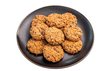 American chocolate chip cookie in a plate isolated on a white background