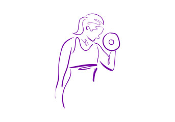 A minimalist purple line art illustration of a woman lifting dumbbells